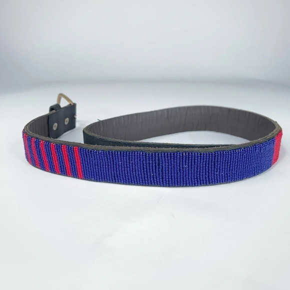 Angama Beaded Waist Belt Red Blue Maasai Kenya Black Leather Small main image 8